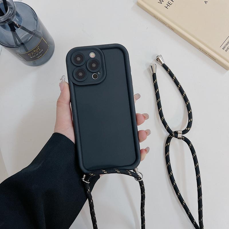 Solid Color Silicone Case For iPhone 16 15 Pro Max 14 13 12 11 Shockproof Crossbody Rope Cover