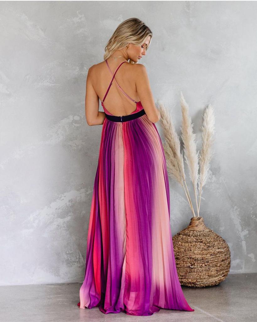 2020 Spring/Summer Women's Sexy Deep V Rainbow Mesh Suspender Dress