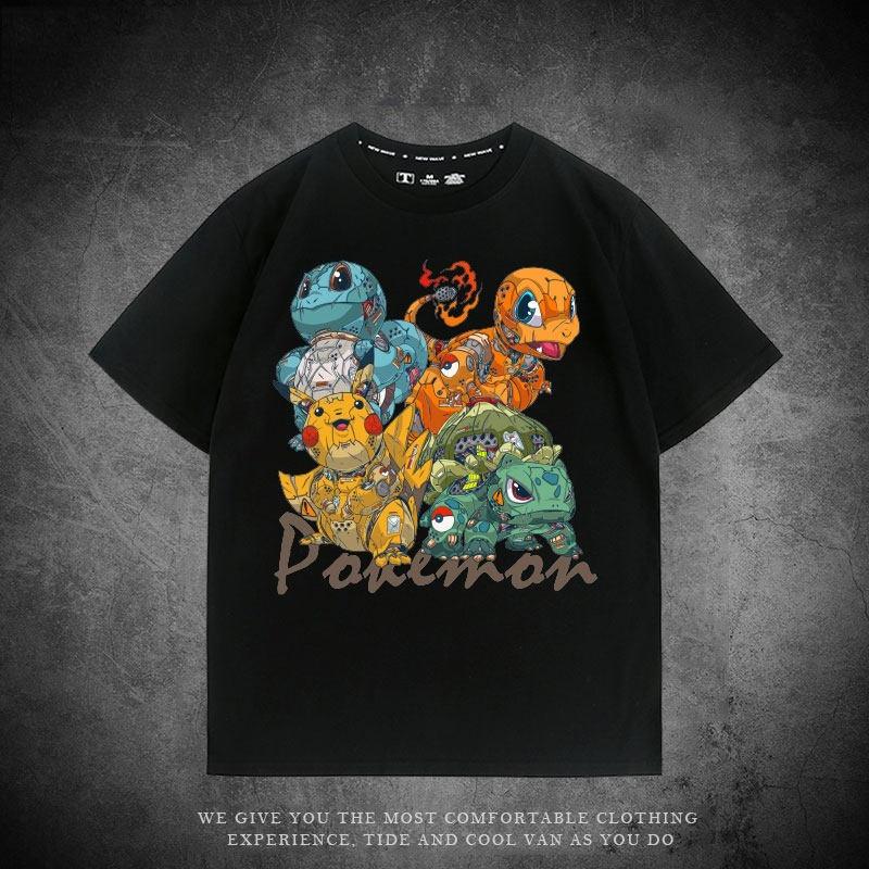 Mechanical Series Trendy T-shirt Bulbasaur Charmander Squirtle Pikachu Pure Cotton Loose Short-sleeved Clothing