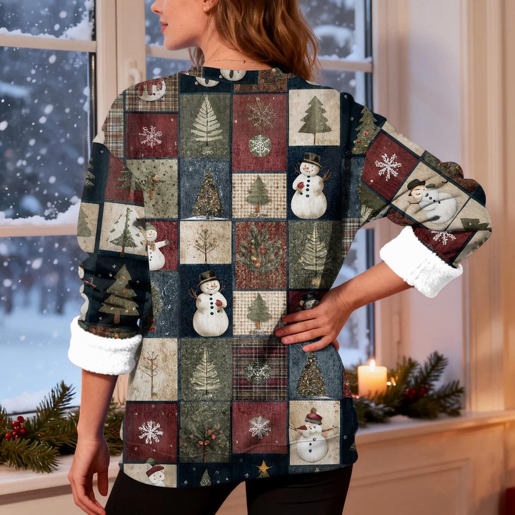 Women's Fashion Casual Long Sleeve Christmas Printed Round Neck Top Sweatshirt