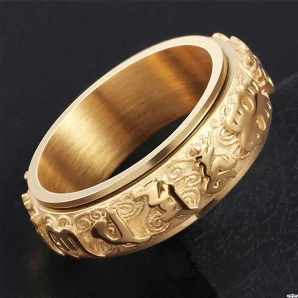 Classic Rotatable Ring Men Women Golden Titanium Steel Domineering Ring Om Mani Padme Hum Vintage Fashion Charm Trend Rings