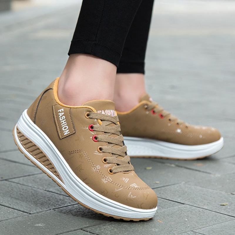 Fashion Women Running Sports Shoes Rocker Shoes Breathable Platform Shoes PU Leather Casual Walking Wedge Heels
