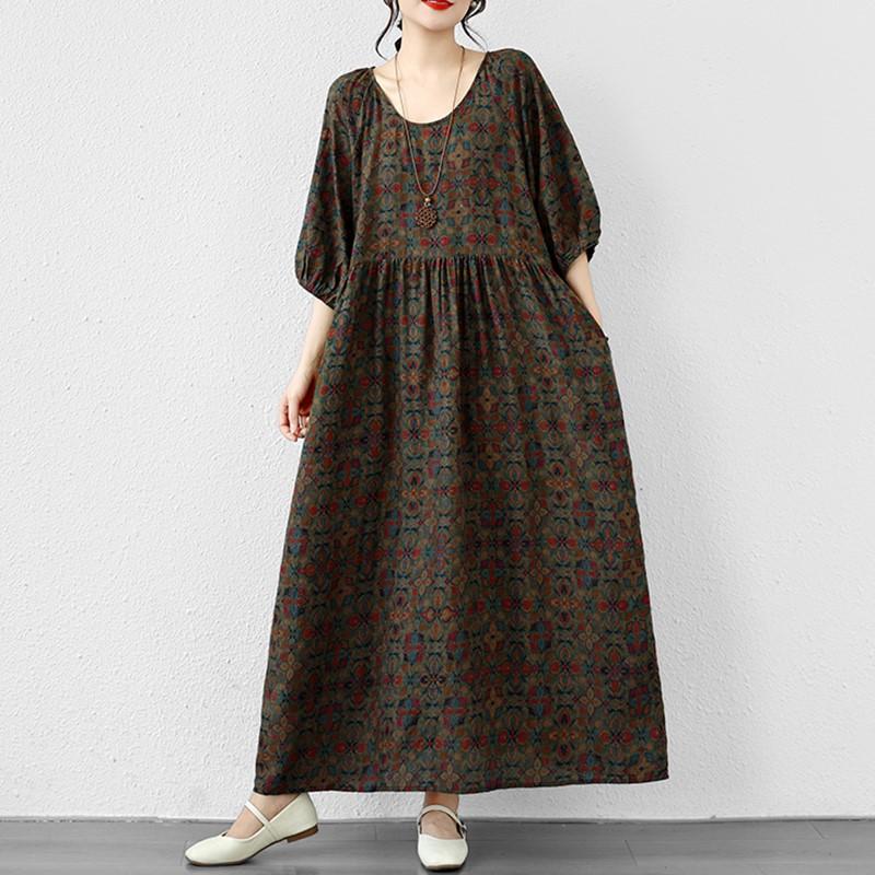 Krátký rukáv Plus size Bavlněné vintage květinové nové šaty pro ženy ležérní volné dlouhé letní šaty