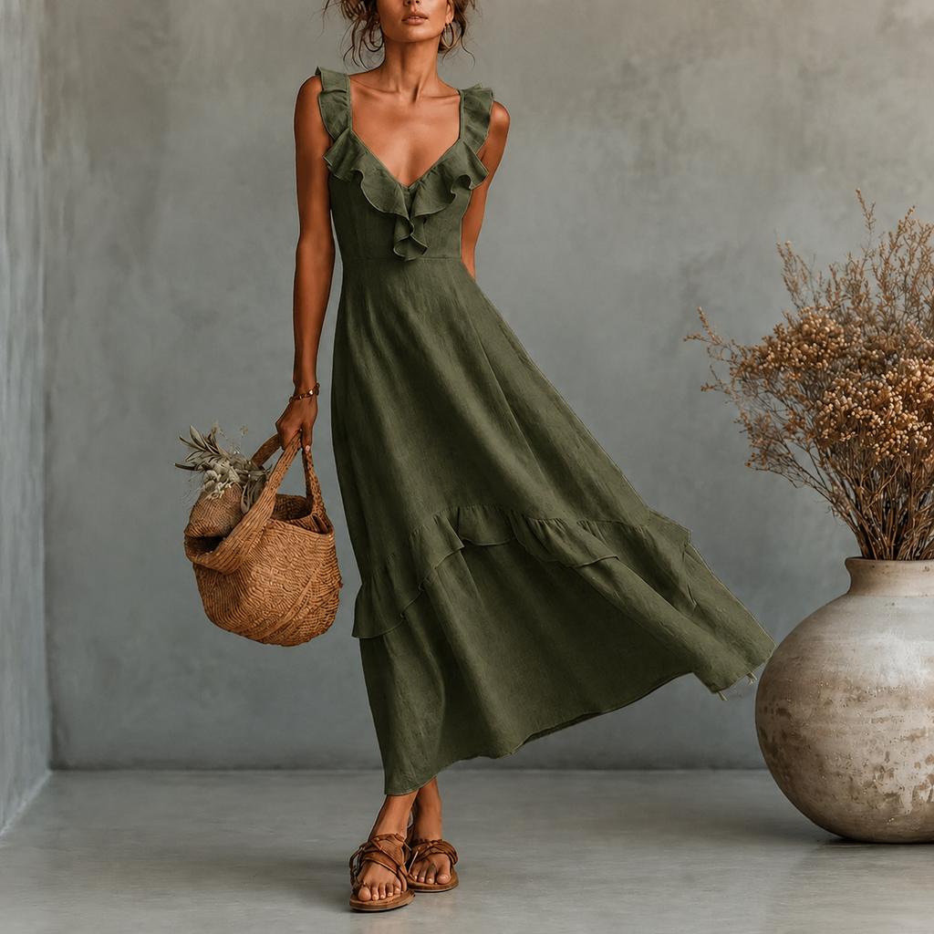 European and American women's summer new French ruffled spaghetti strap dress, linen-textured vacation maxi dress