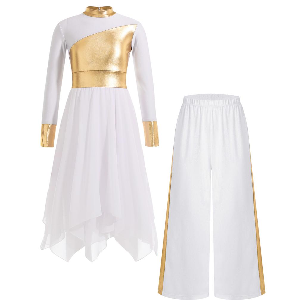 Mädchen Liturgisches Tanzoutfit Langarm Colorblock Metallic Lyrisches Kleid Weitbeiniges Hosen-Set