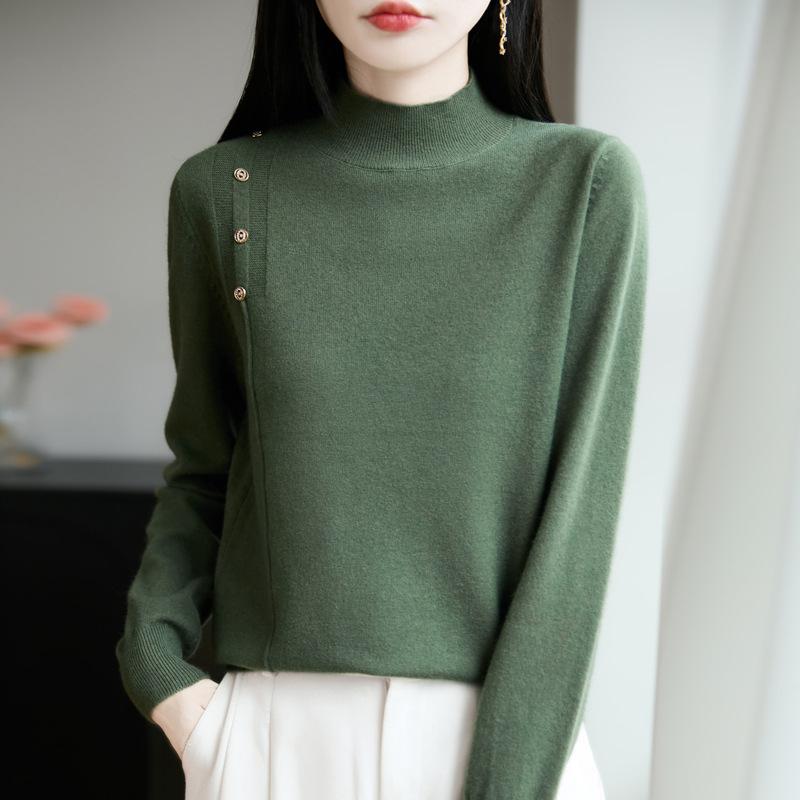 Women's Mock Neck Knit Sweater Button Decor Long Sleeve Solid Color Base Layer Top