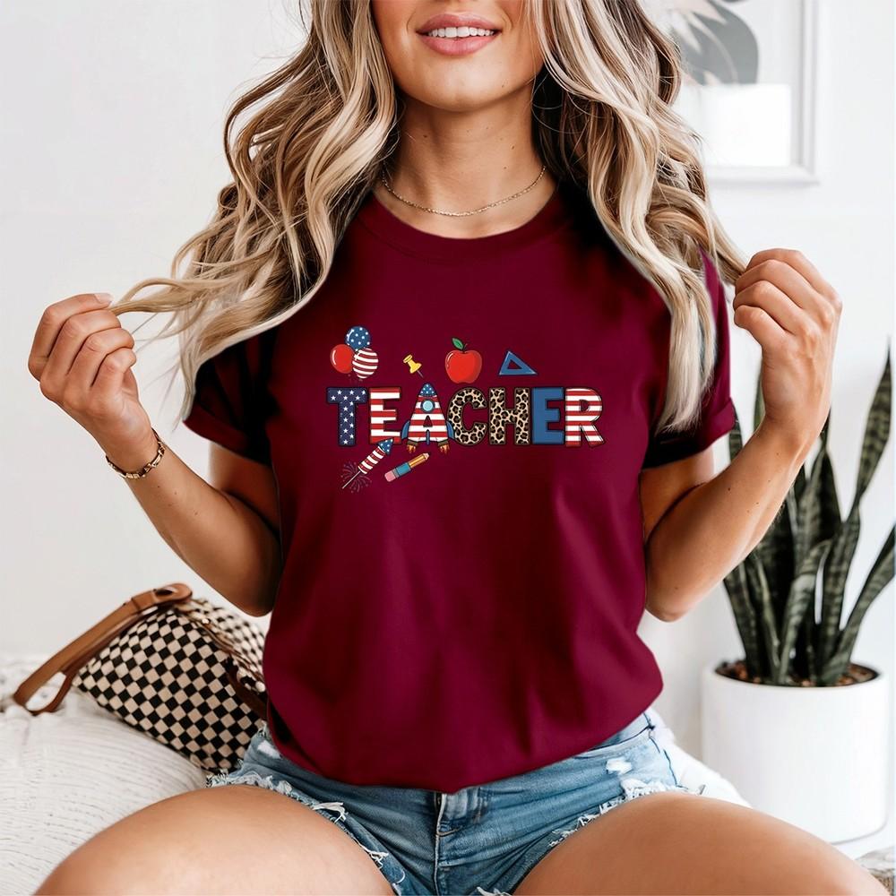 Patriotic Teacher Unisexs Tshirt Usa Crayon Leopard 4th Of July Red White Blue