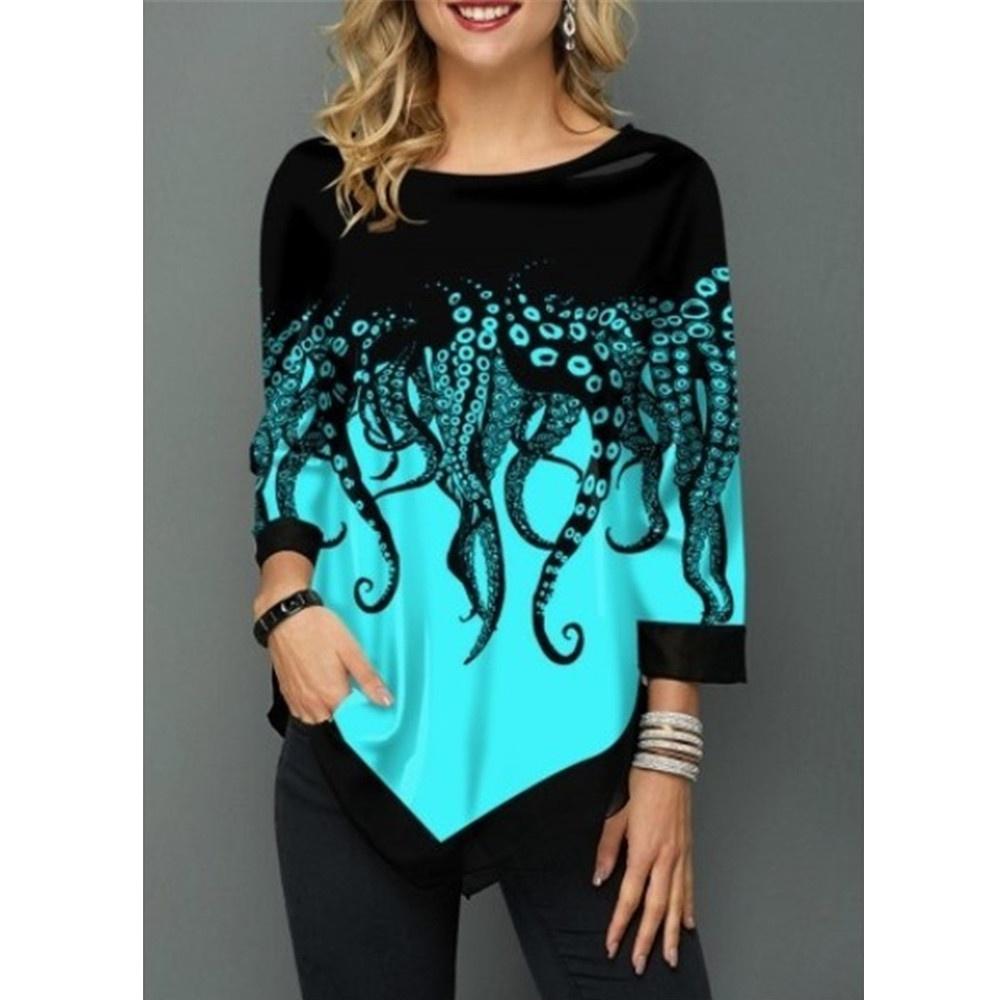 Ny Dame Uregelmessig Kant Trykket Casual Rund Hals 3/4 Ermer Pluss Størrelse T-skjorte Høst Løs Pullover Bluse