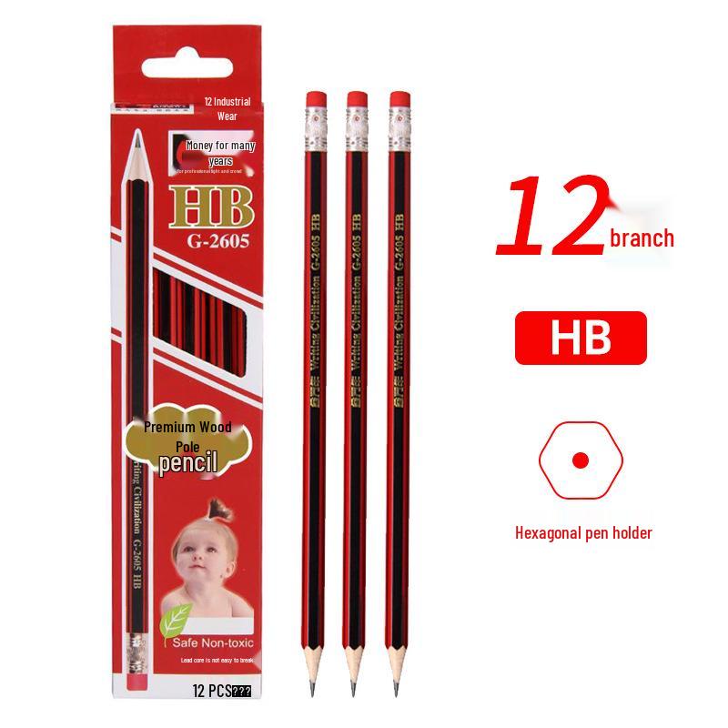Jin Wannian 2B HB Natural Wood Pencil Set: Triangular & Hexagonal Barrels with Eraser for Sketching & Drawing. 12 Pencils