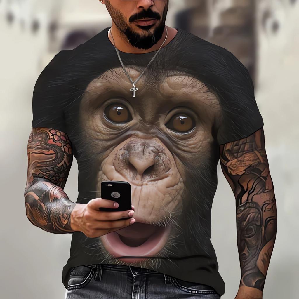 Nueva camiseta para hombre, moda 3D, estampado de mono, camiseta casual de verano de manga corta, ropa divertida para hombre, cuello redondo, suelta, de gran tamaño