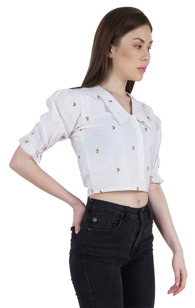 Moomaya Puff Sleeve Crop Top For Women Solid Button Down Collar Designer