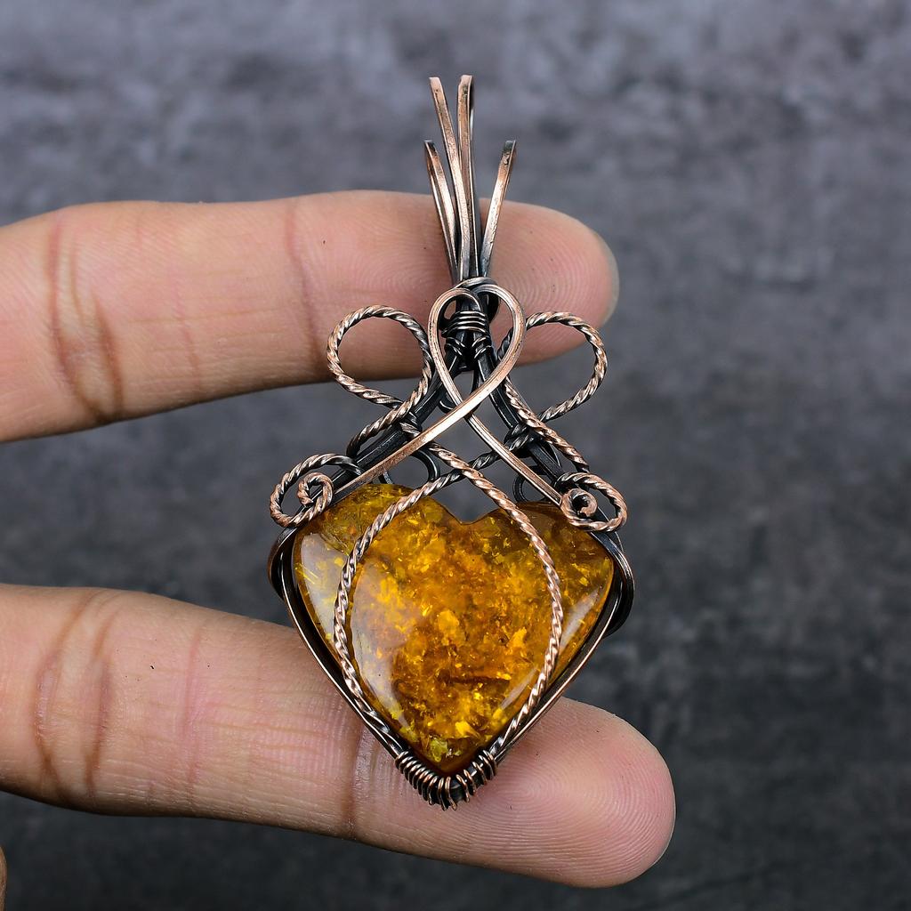 Amber Handmade Copper Wire Wrap Jewelry Pendant 2.96" S1n34