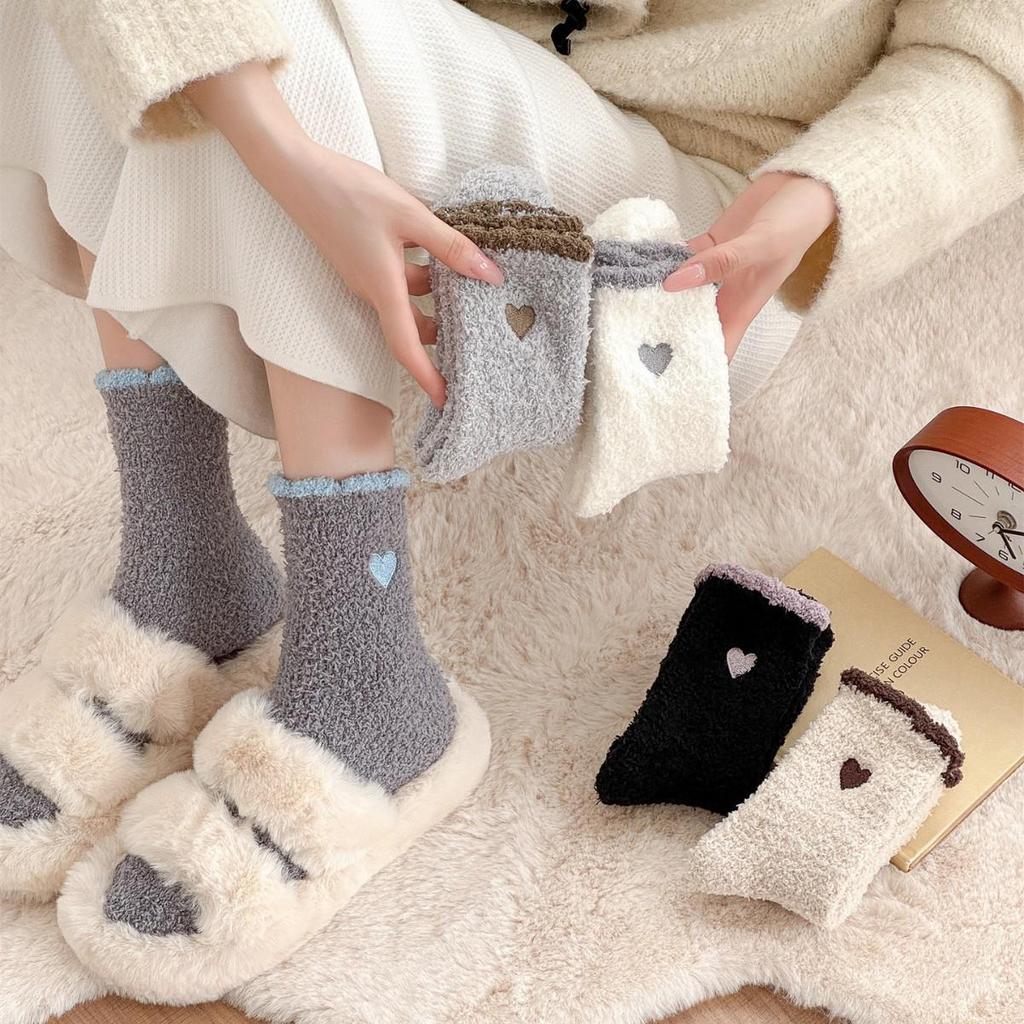 Women's Embroidered Heart Coral Fleece Sleep Socks – Non-Shedding Floor Socks