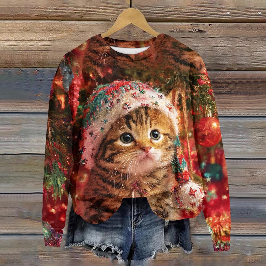 Ladies' Christmas Printed Long Sleeved Round Neck Hoodie Loose Top