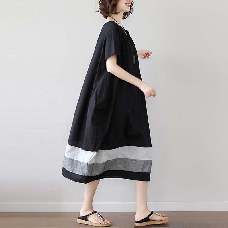 Summer Korean Oversized Loose Patchwork Striped Cotton Linen Short Sleeved Dress for Women Medium Length Casual Dresses