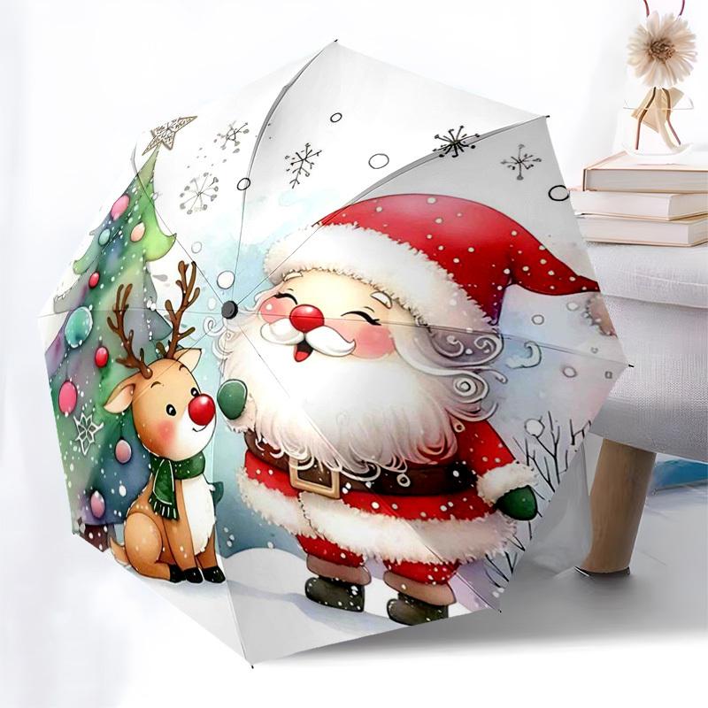 1pc Stained Glass Christmas Santa Scene Automatic Opening Umbrella, Portable 3-Fold Design with 8-Bone Iron Frame, Outdoor for Fans, Travelers, Daily