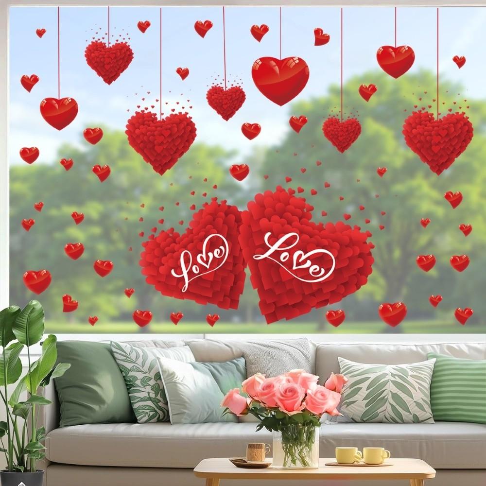 PVC Valentine's Day Window Stickers Love Heart Balloon Shape Pink Red Flower Rose Love Heart Window Decals Removable Static