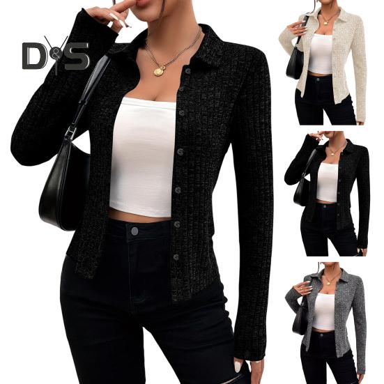 Knitting Cardigan Lapel Long Sleeve Single Breasted Knitting Coat Women Solid Color Slim Fit Outwear Knitwear