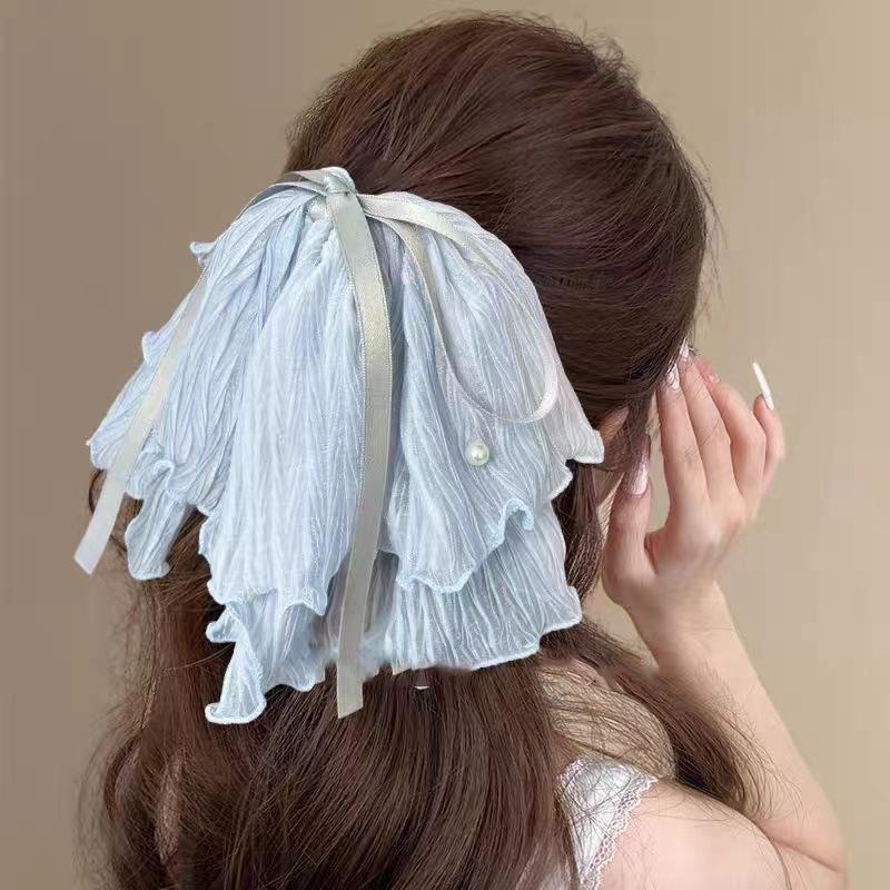 

Korean Women Silk Ribbon Knot Hair Clip Bowknot Thin Gauze Pearl Hair Clip High Ponytail Clips Hair Accessories