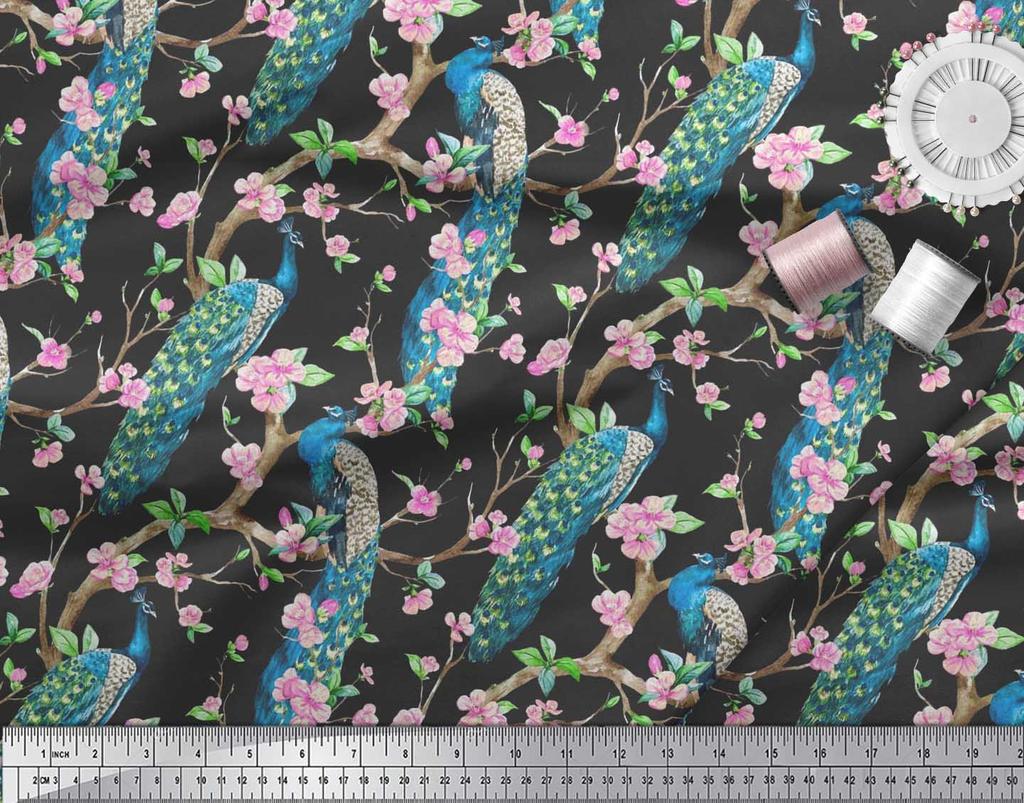 Soimoi Black Poly Crepe Fabric Pink Flower|Branch & Peacock Bird Print Fabric by the Yard 42 Inch