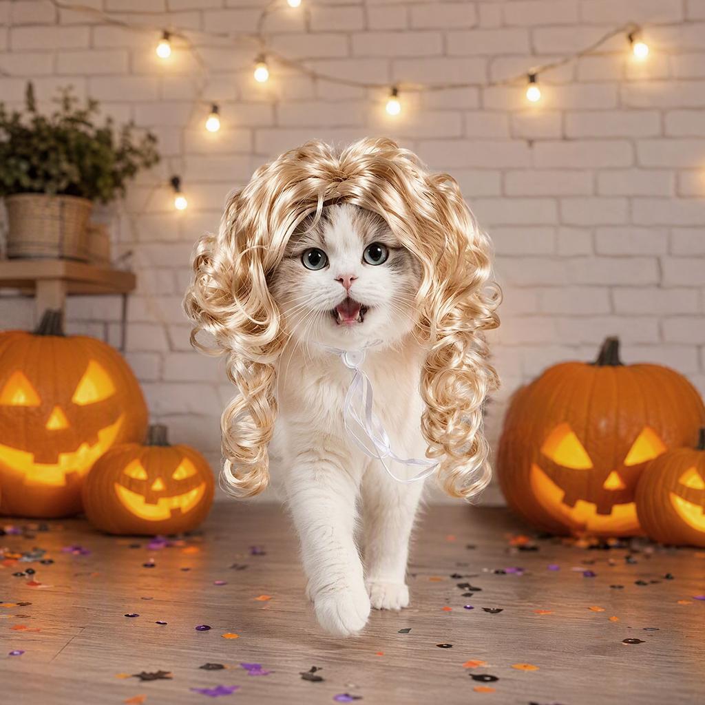 Dog Cat Costume Wig Elastic Headband Adjustable Wavy Curly Synthetic Fiber Halloween Cosplay Pet Wig