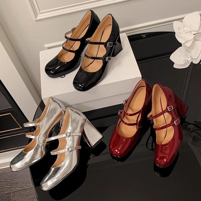French retro Mary Jane shoes women's spring and autumn burgundy square head thick heel single shoes silver one-word buckle with high heel small l