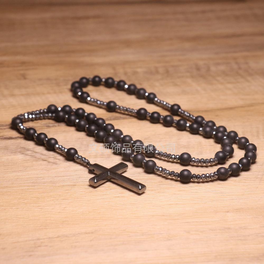 Collier pendentif croix en pierre naturelle, Croix en pierre d'œil de tigre et fer à bille chapelet collier pour homme