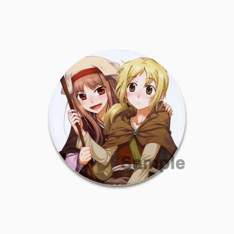 32/44/58mm 58mm Kurafuto Rorensu Horo Badge Cute Anime Wolf Brooches Handmade Platic Lapel Pin for Clothes Hat Backpack Jewelry Accessories