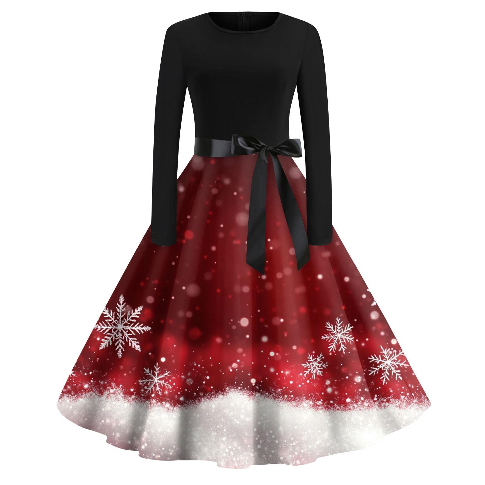 

Women s Fashion Round Neck Casual Slim Christmas Printed Long Sleeve Dresses S винний
