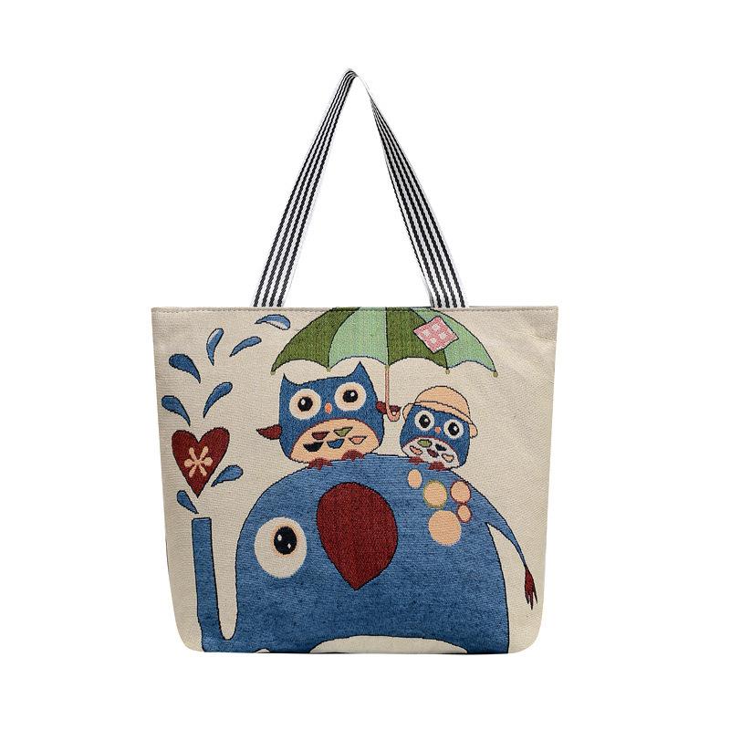 Female Jacquard Cloth Bag Handheld Large Bag Owl Embroidery Large Capacity Folding Shopping Bag Mommy Bag