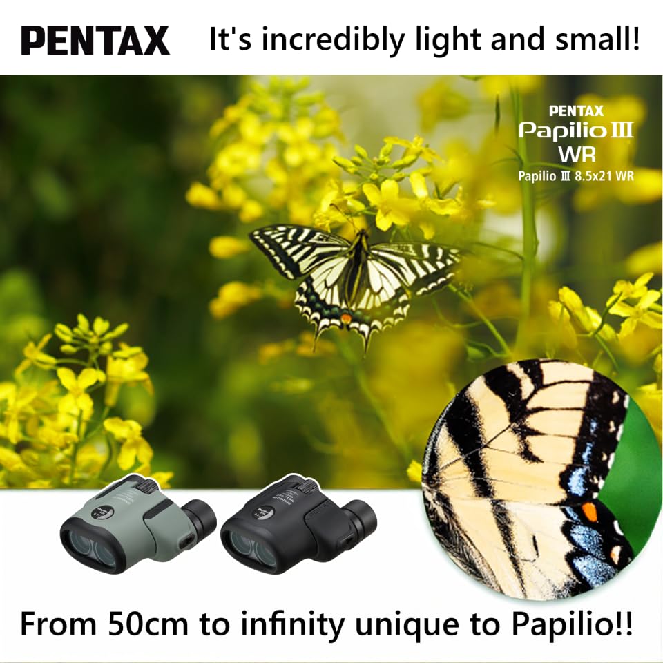 Pentax Papilio III WR Schwarz mit Fokussierabstand für Outdoor-Natur-Live und Sport Garantie Pentax 62012 8,5x21 Fernglas, [Fernglas 50cm]