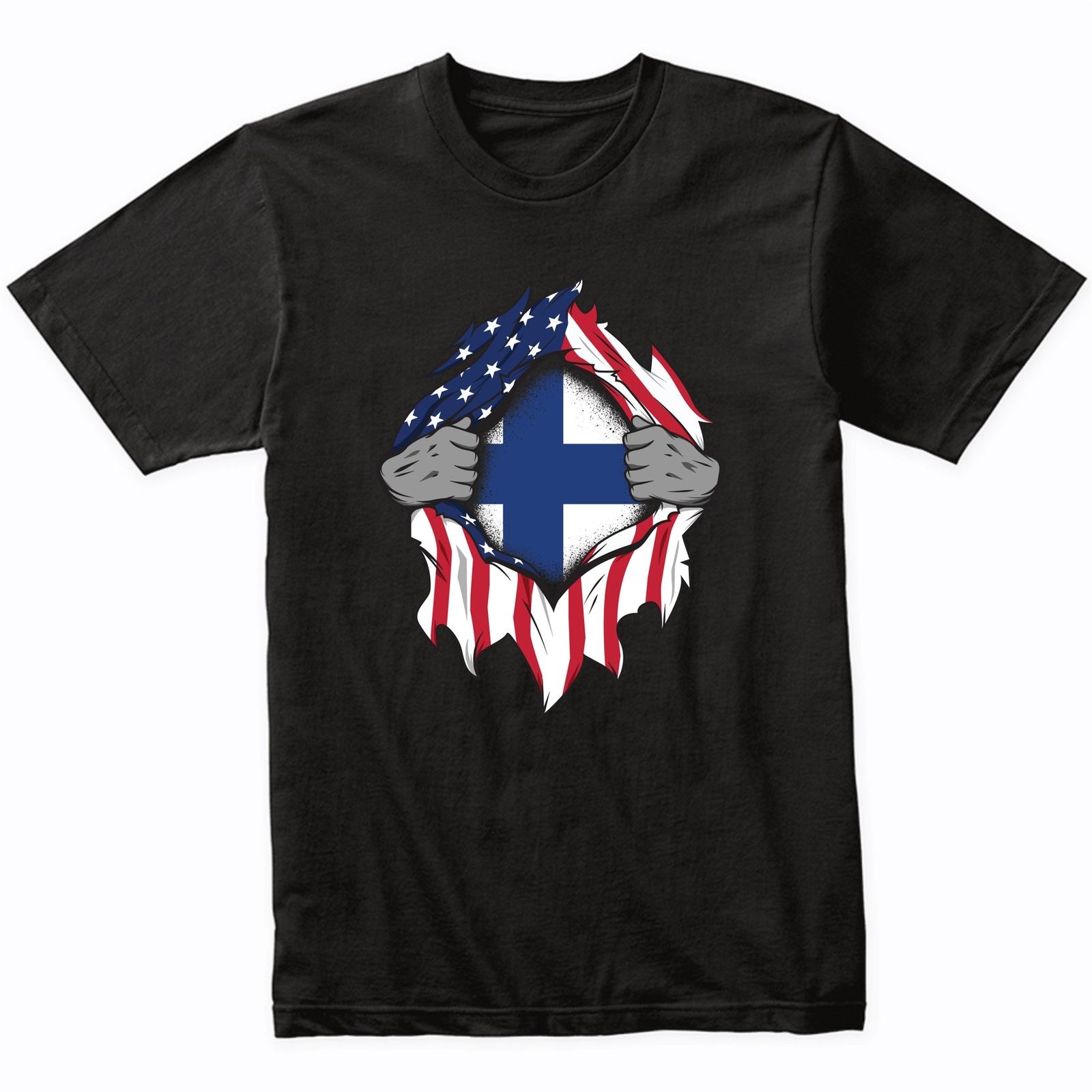 Finnish American Flags Hands Ripping Flag on Chest T-Shirt - Finland Flag Shirt S