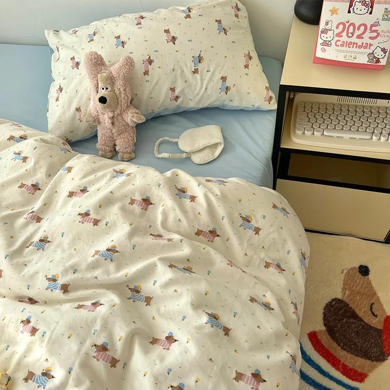 Cartoon Pattern Printed Super Soft Bedding Sets Washed Cotton Cozy Breathable Bedsheet with Pillowcase Adult Child Comfort Set