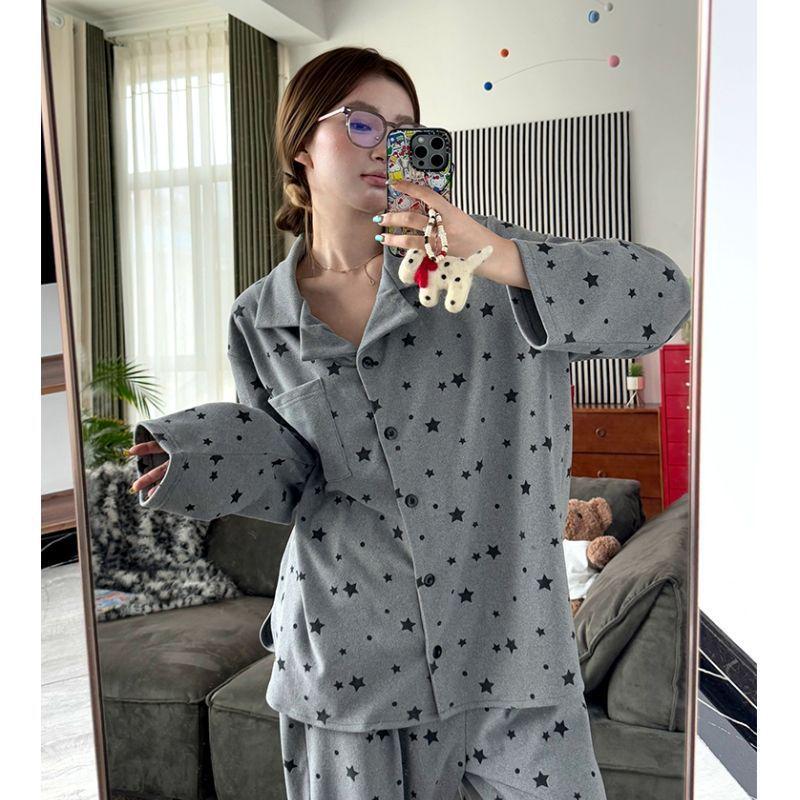 

Women s Polka Dot Star Pajama Set - Long Sleeve Lapel Cardigan and Pants for Autumn/Winter, Suitable for Outdoor & Home. Medium