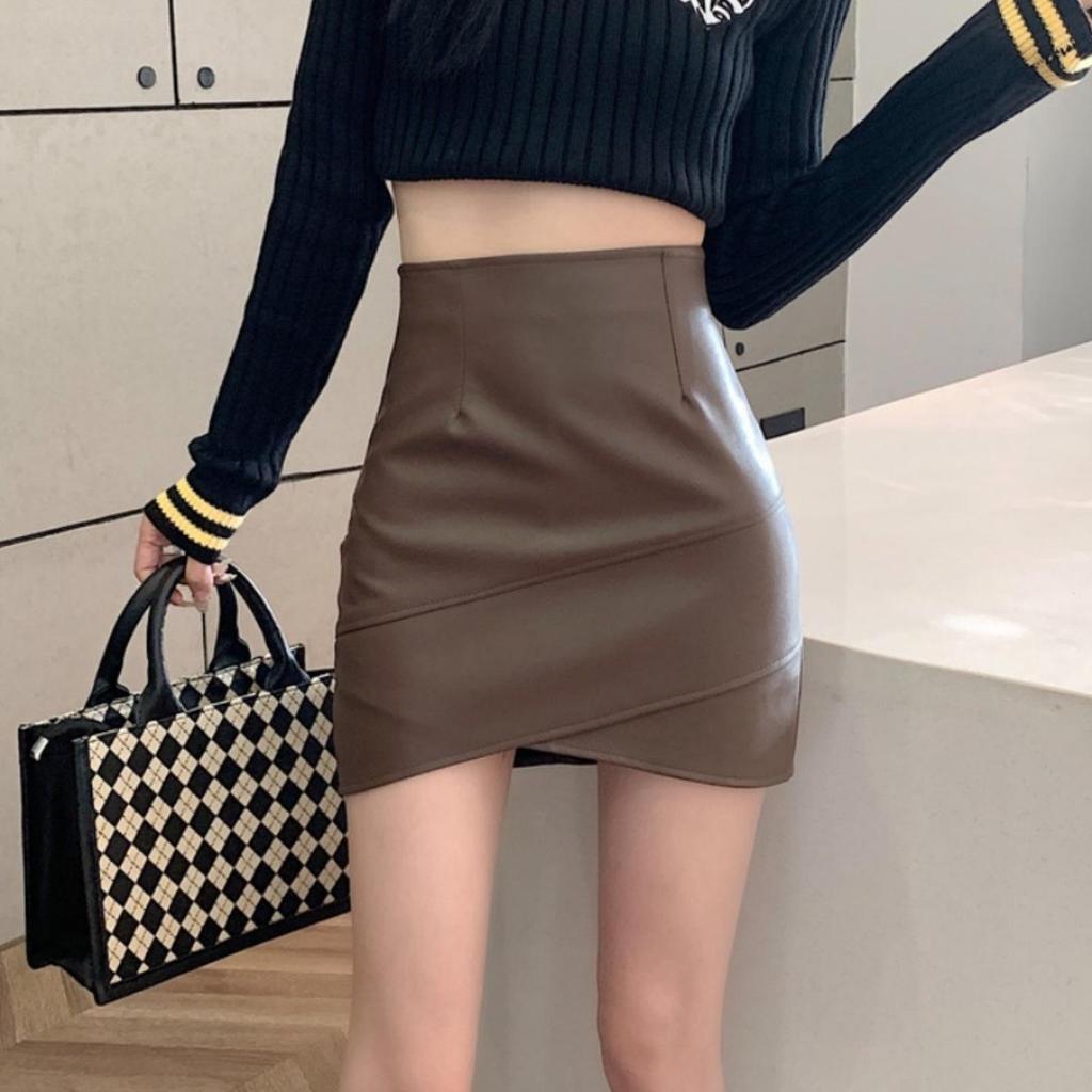 Brown Leather High-Waist Irregular Half Skirt for Women - Chic, Hip-Hugging, Coffee Color, Perfect for Spring & Autumn 2026.