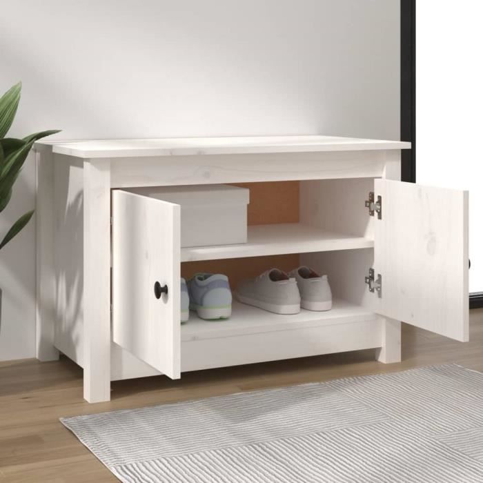 Armoire à chaussures - Blanc - Bois de pin massif - 2 portes - 70x38x45,5 cm - Meuble d'entrée