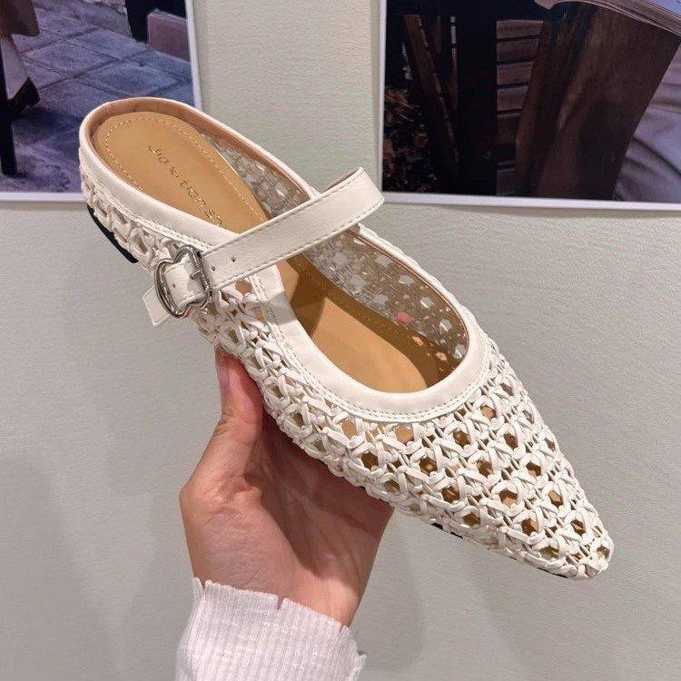 Inner heightening woven bag head half slippers women's summer retro fashion outer wear simple hollow pointed slope with cool slippers