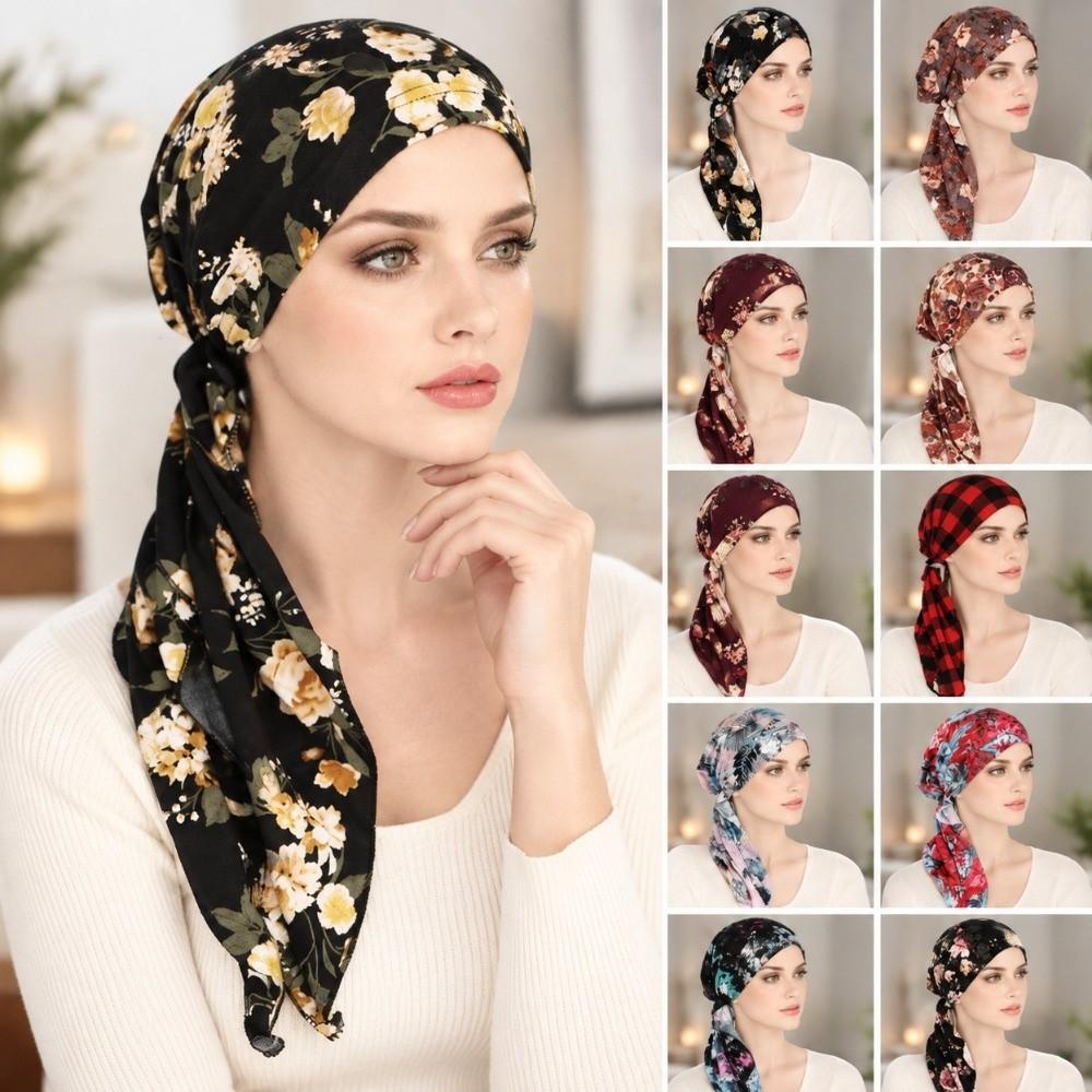 Hair Loss Cover Turban Hijab Elastic Stretch Flower Print Head Scarf Soft Chemo Hat Cap for Women