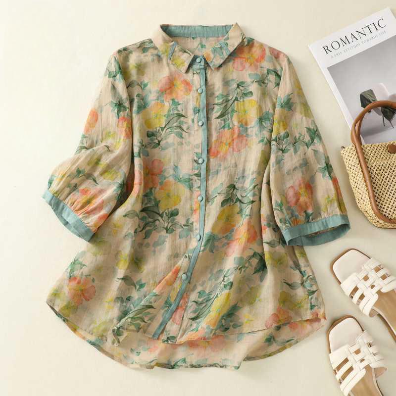 

Модная рубашка с рукавом пять четвертей с принтом для женщин, художественные ретро-свободные повседневные универсальные блузки и рубашки XXL зелёный