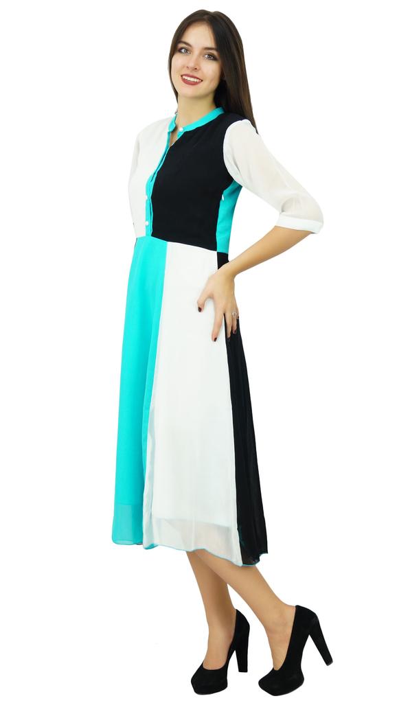 Bimba Womens Classic Mandarin Collar Shift TriColor Midi Summer Chic Dresses
