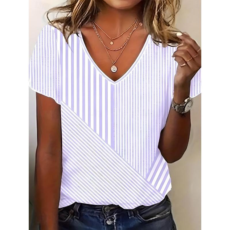 Women's T Shirt Striped Stylish Casual Short Sleeve V Neck Regular Tops Daily Print Pink Summer Spring