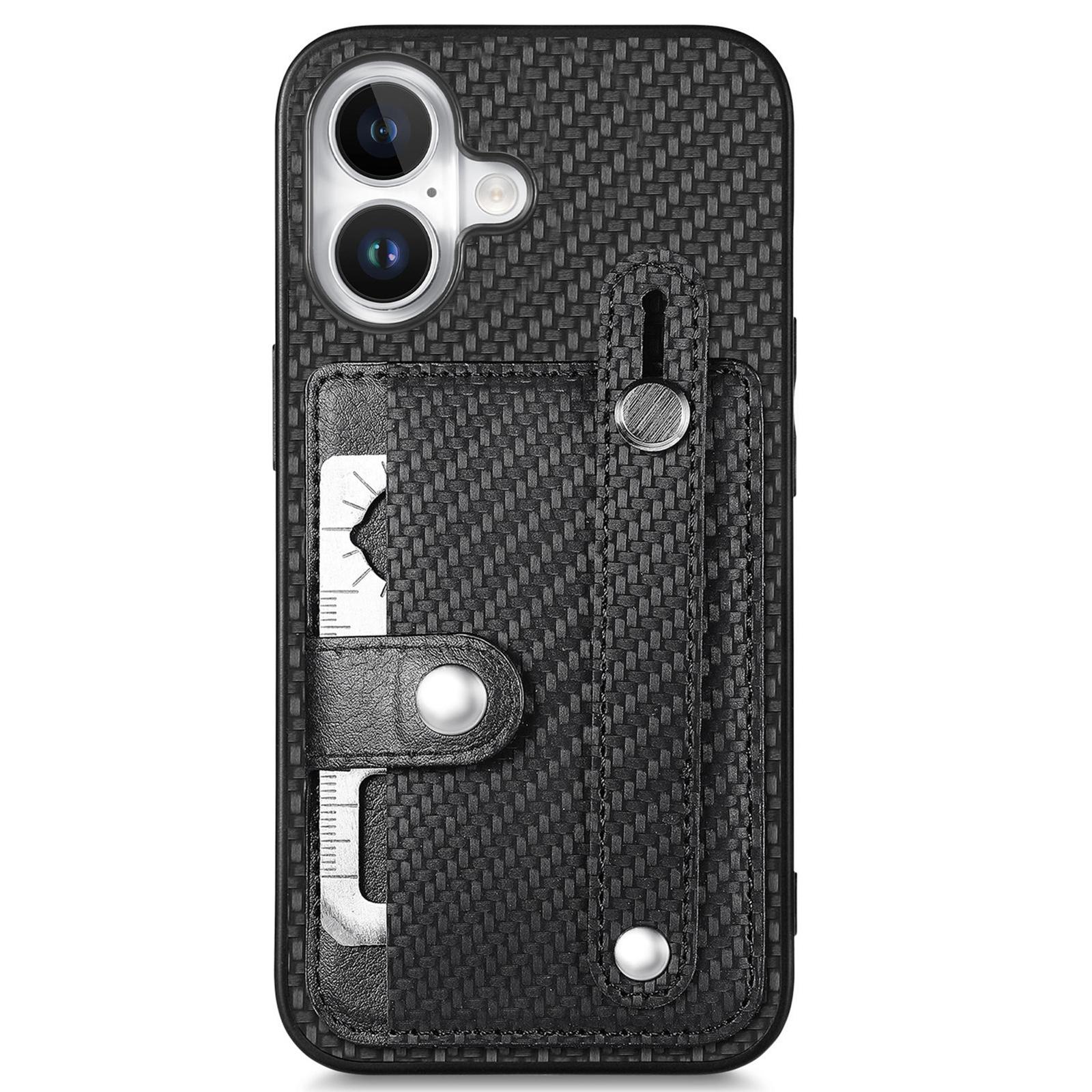 

C1-01 For iPhone 16 Case Wristband Anti-Drop Leather Back Cover with Card Holder, Card Knife