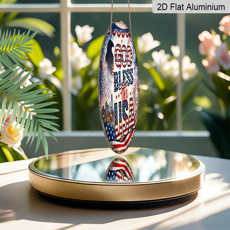 2D Flat - 1pc Round Aluminum Hanging Sign - "God Bless The USA" Patriotic Eagle & Firework Metal Wall Art, Decor for The 4Th of July, a Gift for
