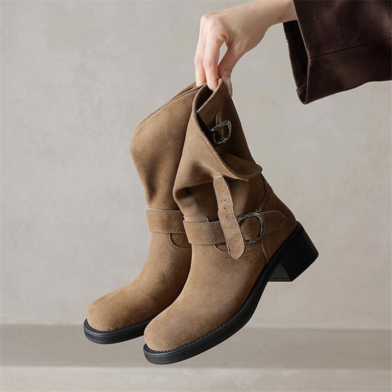 Fashion New Autumn Winter Cow Suede Women Boot Fashion Buckle Square Toe Mid-calf Boots for Women Thick Heel Work Boots Zapatos Mujer