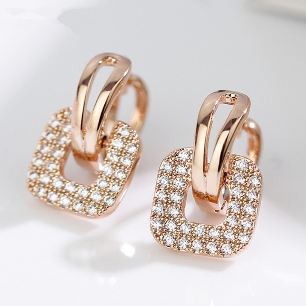 Square Crystal Rose Gold Plated Ear Clips for Women Elegant Earrings Fashion Jewelry