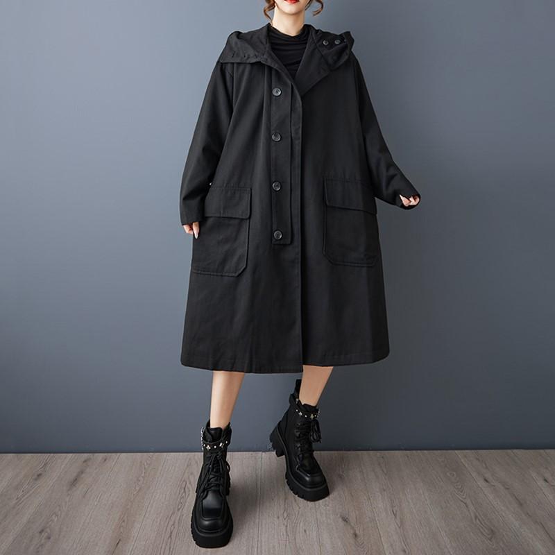 Dámský nadměrný vintage černý trenčkot s kapucí a dlouhým rukávem, ležérní volný podzimní jarní svrchní oděv