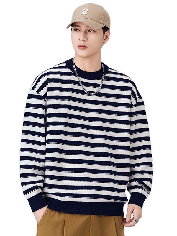 Shanggu Men's Autumn Anti-Pilling Striped Sweater | Round Neck Loose Knitwear