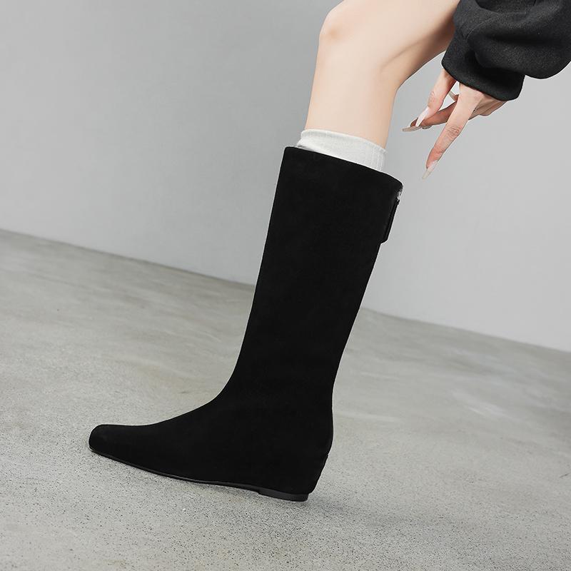 Fashion 2025 New Autumn Knee-high Boots Cow Suede Leather Women Shoes Square Toe Slip-on Western Modern Boots Height Increase Long Boots