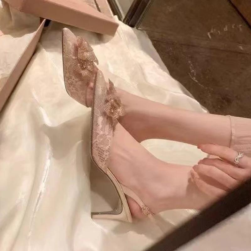 Fashion Flower High Heels Women Slippers Luxury Crystal Heeled Shoes 2025 Summer Pointed Toe Sandals Pumps Stilettos Zapatillas De Mujer