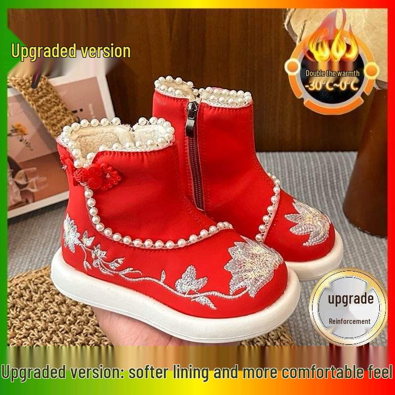 Winter 2025 Meisjes Hanfu Laarzen: Nieuwe Chinese Stijl Fleece Sneeuwschoenen